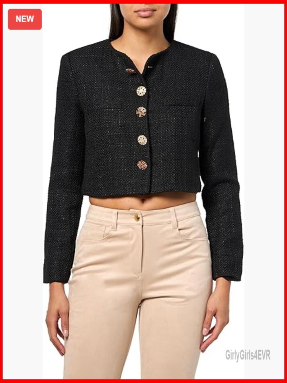 Cropped Tweed Jacket Slim Fit Wool Blend Jewel Buttons